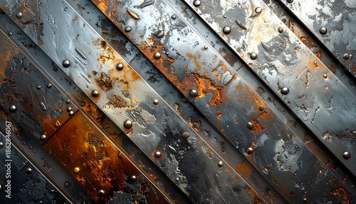 Weathered metal texture with rivets and rust for background use