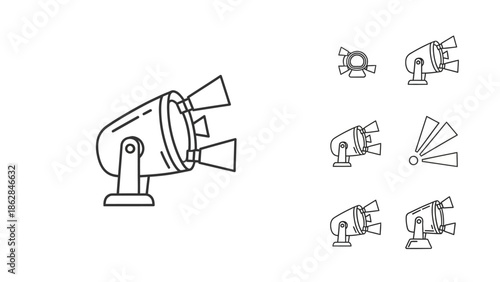 Black and white studio spotlight icons.
