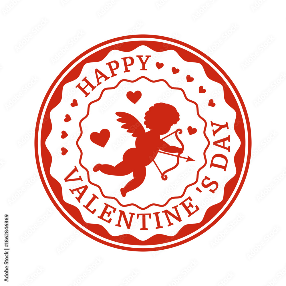 Fototapeta premium Red round seal stamp with Cupid for Happy Valentine's Day. Isolated on white background. Vector illustration.