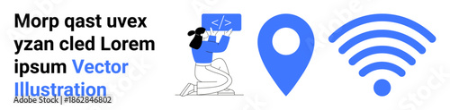 Web development, digital communication, location services, coding education, internet access, connectivity. Programmer holding code, location pin wireless icon. Web development and digital