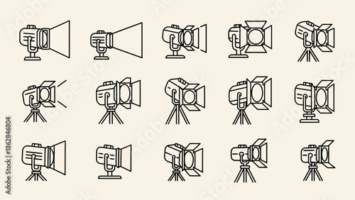 Collection of studio lighting equipment.