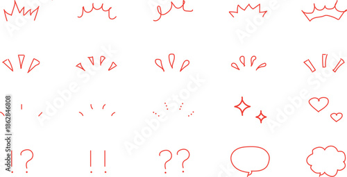 collection of hand-drawn vector illustrations commonly used in Japanese manga and graphic design to convey emotions and attention. 
