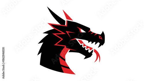 Dragon head with sharp teeth and red eyes.
