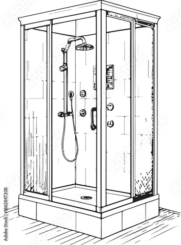 Shower Cabin Hand-drawn Sketch Drawing Vector Illustration, Line Linear Symbol Engraving Coloring Book, Black and White Isolated