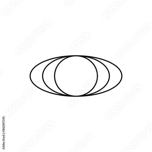 A minimalist graphic design featuring three concentric ovals with a circle at the center.