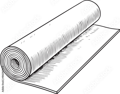 Yoga mat, Wallpaper Roll, Hand-drawn Sketch Drawing Vector Illustration, Line Linear Symbol Engraving Coloring Book, Black and White Isolated