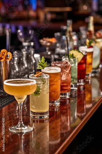 Assortment of vibrant alcoholic cocktails lined up on a glossy wooden bar counter, ready for a night out