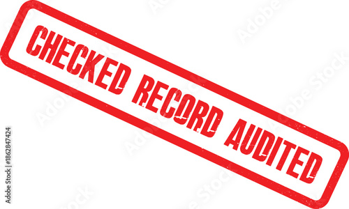 A close-up view of a checked record audited stamp on a white background.