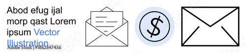 Financial transactions, communication, correspondence, email, money exchange, business. Trio of icons with envelopes and dollar sign. Financial transactions and communication concept