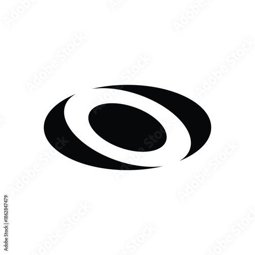 A minimalist black and white logo featuring an abstract oval shape with a curved white line inside.