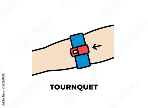 Venipuncture tourniquet tightening process on arm emergency healthcare concept
