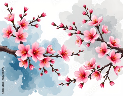 Serene Watercolor Blooming Branches and Misty Atmosphere