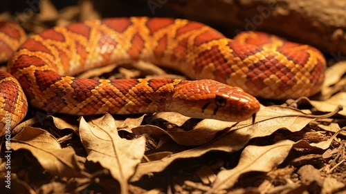 Orange Corn Snake Flicking Tongue Among Dry Leaves
