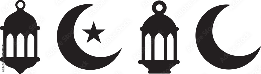 Obraz premium Ramadan lantern and crescent moon islamic icon vector set