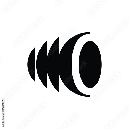 A black and white abstract graphic design resembling a stylized sound wave or a cone.