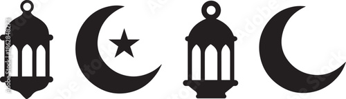 Ramadan lantern and crescent moon islamic icon vector set