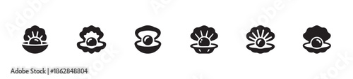Opened oyster shell with shiny pearl inside isolated black silhouette icons vector illustration set