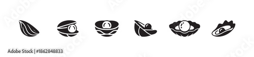 Various stylized black icons of oyster shells some closed and some opened displaying beautiful pearl vector