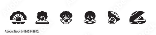 Simple open oyster with pearl icon collection different stylized shapes set