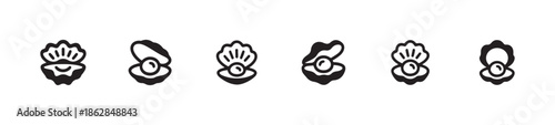Set of oyster shell and pearl icons in various thick line solid drawing styles