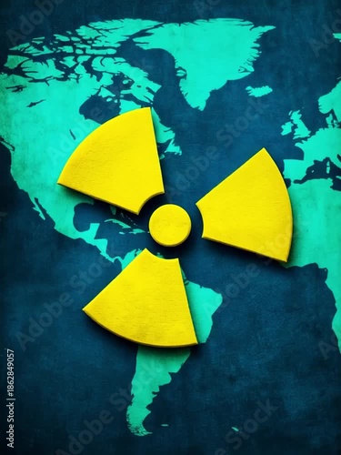Grunge-Style Global Map Covered by Nuclear Hazard Icon Highlighting Radioactive Pollution and Planetary Risks