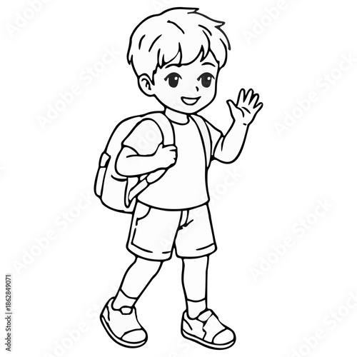Smiling Boy Walking with Backpack and Waving