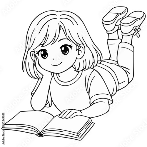 Girl Lying Down Reading Book Happily