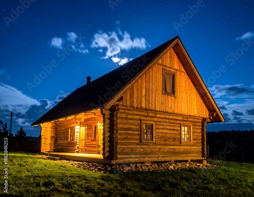 Wooden cabin illuminated at night under starry sky, tranquil scene