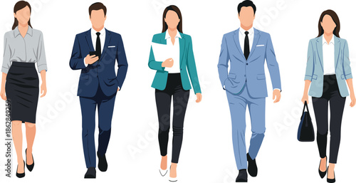 Group of faceless business professionals walking forward in formal outfits, modern vector illustration, office workers, corporate team, stylish business attire artwork