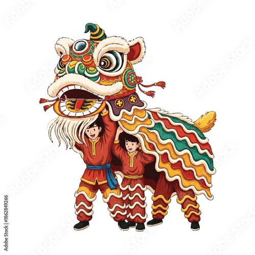 Two performers in red costumes holding up a colorful dragon puppet head with intricate designs against a white background.