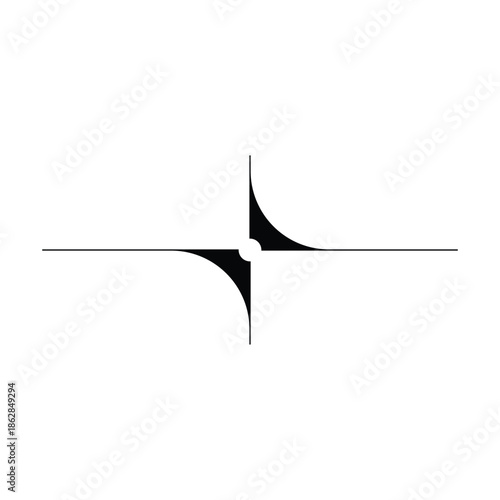 A minimalist black and white abstract design featuring a central star-like element with horizontal and vertical lines, creating a balanced and directional symbol.