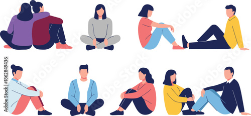 Group of faceless people sitting in various relaxed poses, modern vector illustration, casual characters, diverse sitting positions, flat style artwork