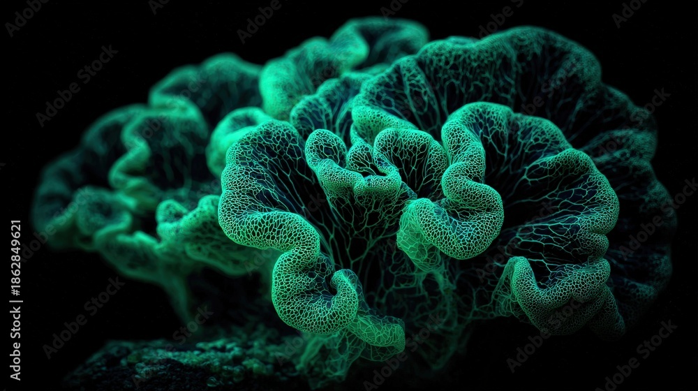Obraz premium A luminous, intricate coral formation glows in shades of green against a dark background, showcasing its unique texture and organic beauty.