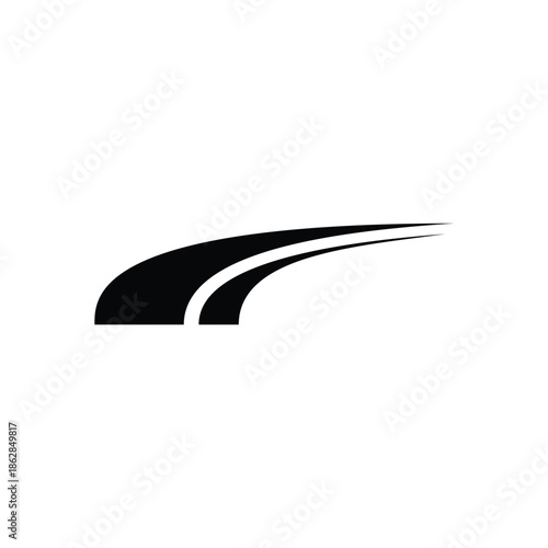 Minimalist black graphic of a curving path or highway symbol on a clean white background, representing movement and direction.