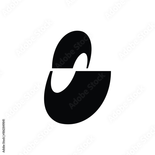Abstract black and white graphic design featuring a stylized, split, and offset oval shape, resembling a modern ampersand or letter 'e'.
