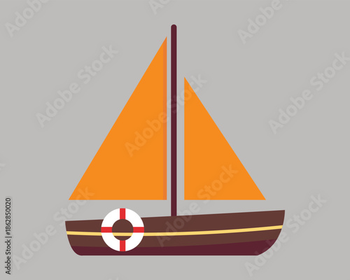 sailboat with orange sails and lifebuoy on brown deck sailing on water
