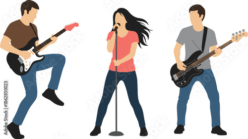 Rock band performing on stage with electric guitar, bass and singer, modern vector illustration, music concert performance, energetic musicians artwork
