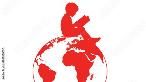 Child reading on globe in red silhouette with minimalist design for global education
