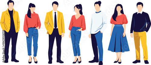 Stylish diverse group of faceless people in modern outfits, vector illustration, casual clothing, fashion design, contemporary characters, flat style artwork