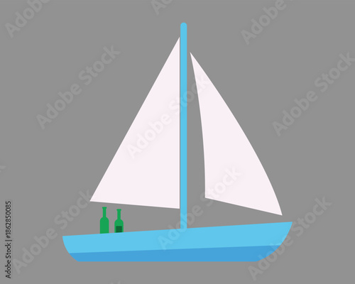 sailboat with white sail and two green bottles on deck in light blue color