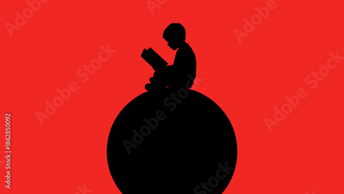 Silhouette of person reading on sphere in minimalist style with dramatic red background and bold black shadows for editorial use