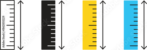 Ruler icon set for measurement and length, vertical meter rules in black, white yellow and blue colors, school and office stationery tools for drafting and engineering design vector illustration.
