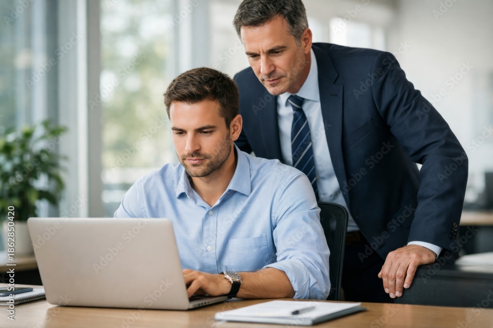 Obraz premium A focused young Caucasian man works on a laptop while an older Caucasian man offers guidance in a modern office setting.