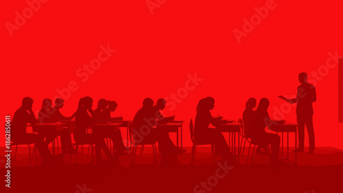 Silhouetted students in classroom with teacher in dramatic red lighting for educational content