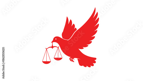 Dove with Scales of Justice in Simple Red Silhouette on White Background for Peace Symbol