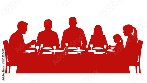 Family Dinner Gathering Silhouette in Monochromatic Red with Simple Table Setting for Social Media