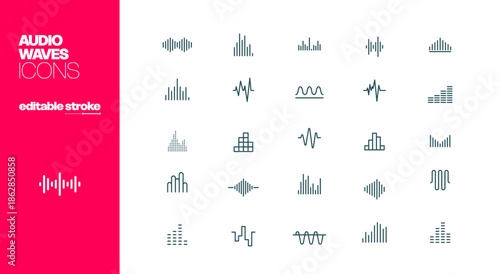 Audio Wave Icons Editable Stroke, Sound frequency