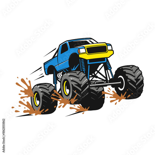 Dynamic off-road monster truck jump Illustration showcasing power and excitement with splashing mud