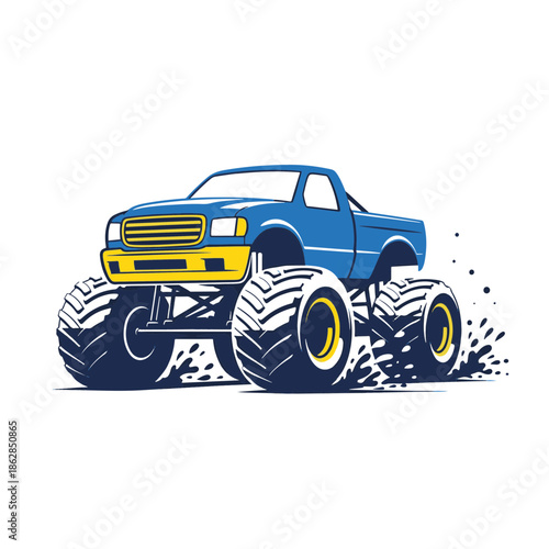 Dynamic illustration of a powerful blue monster truck with massive tires, ready for off-road adventures and thrilling displays of strength and speed