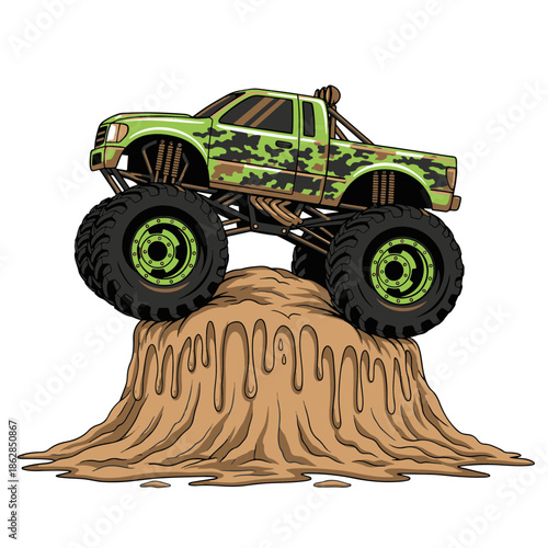Vibrant vector illustration depicting a powerful green monster truck with camouflage design on a challenging mud pile